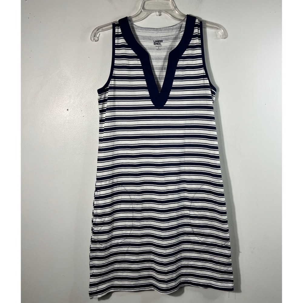 Lands End V Neck Relaxed Fit Knit Sheath Dress Striped Blue White S Cotton NWOT